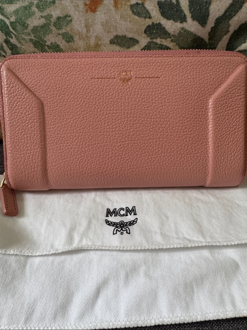 MCM Pebbled Zip Wallet in Blush Pink with Gold Hardware